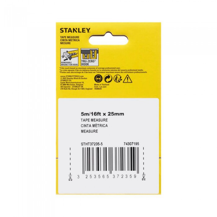 Рулетка вимірювальна CONTROL-LOCK довжиною 5 м/16, шириною 25 мм, в обгумованому корпусі, з подвійною шкалою STANLEY STHT37235-5 (STHT37235-5)