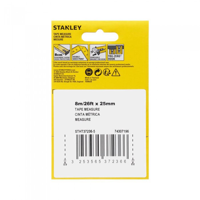 Рулетка измерительная CONTROL-LOCK длиной 8 м/26, шириной 25 мм, в обрезиненном корпусе, с двойной шкалой STANLEY STHT37236-5 (STHT37236-5)